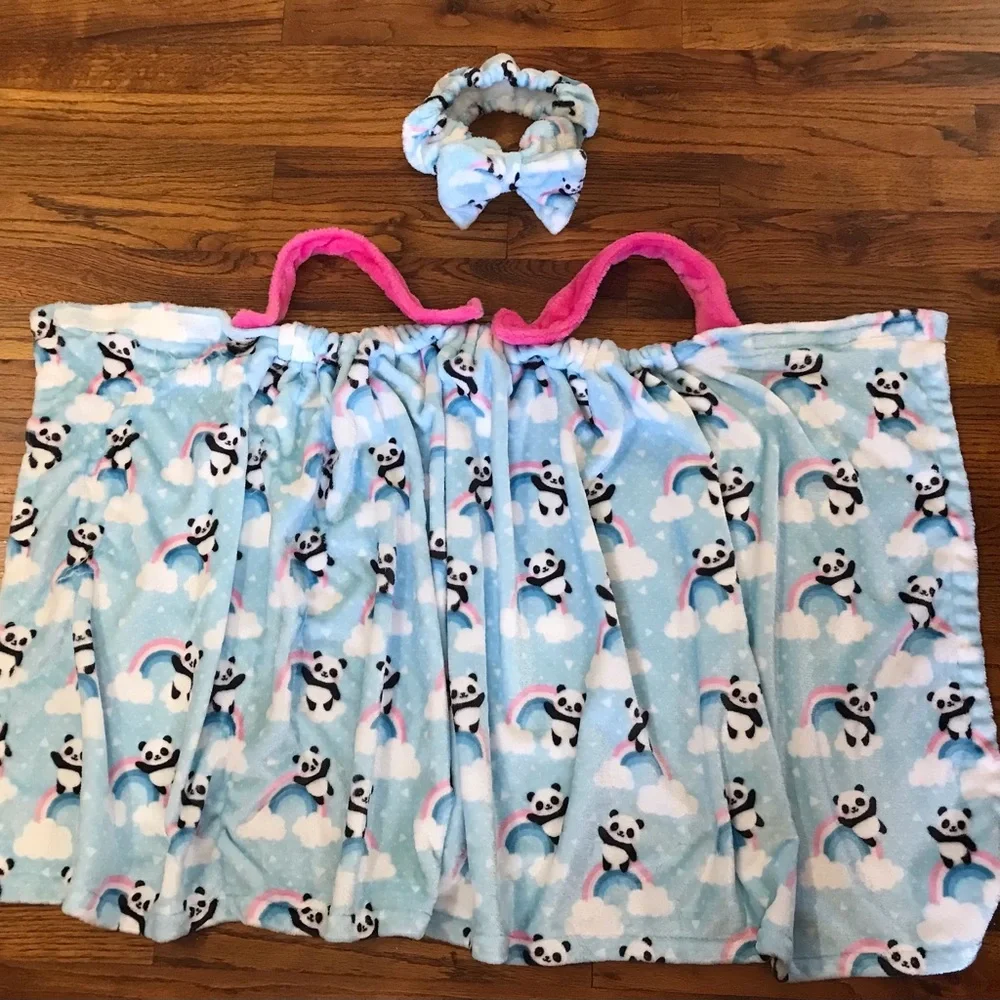 Girls Kids Bath Towel Wrap Cover Headband Hair Wrap Cotton Plush Panda & Rainbow